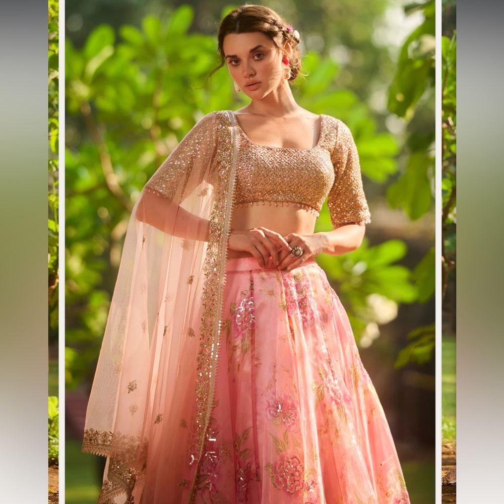 Blush Pink Floral Lehenga with Gold Embellished Blouse - Picture 2 of 16